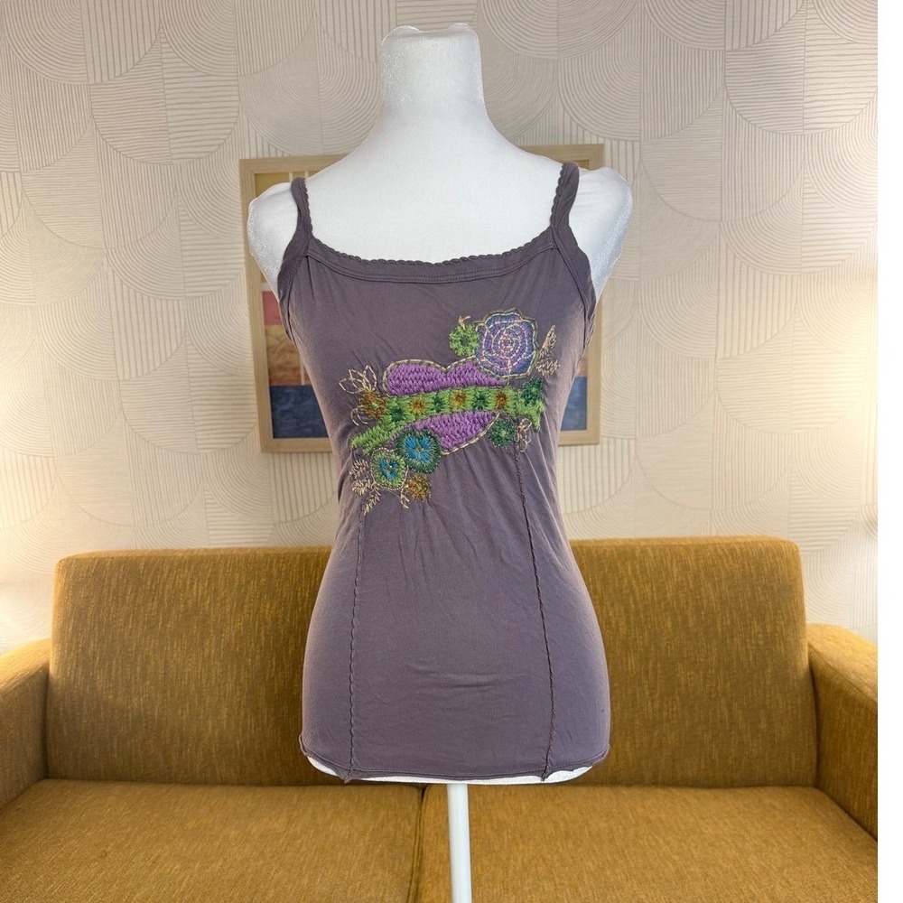 Purple Cotton Embroidered Cami Tank Top Heart Floral Large y2k